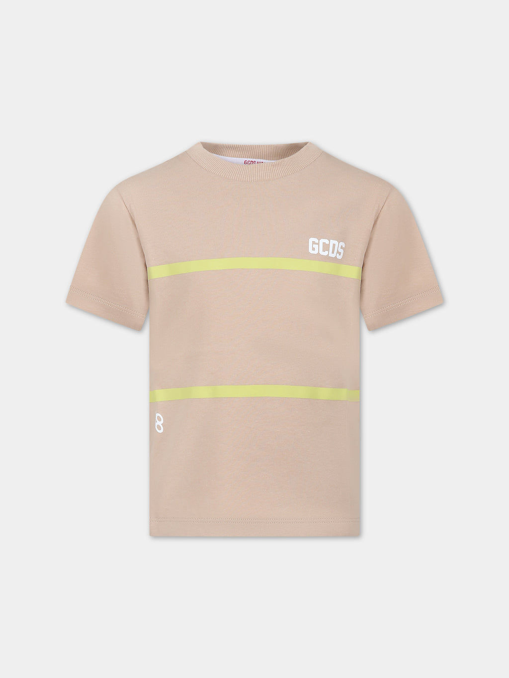 T-shirt beige per bambino con righe gialle